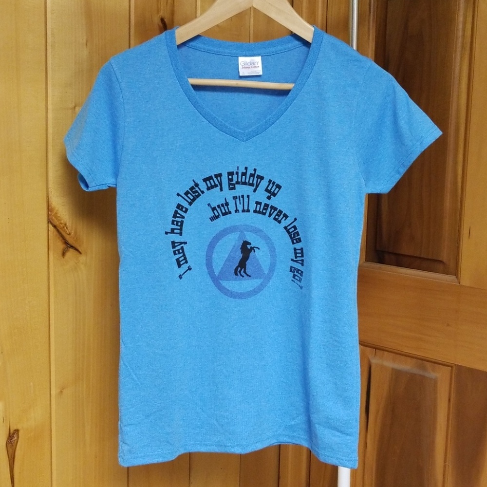 Handmade Giddy Up and Go V neck tee in blue